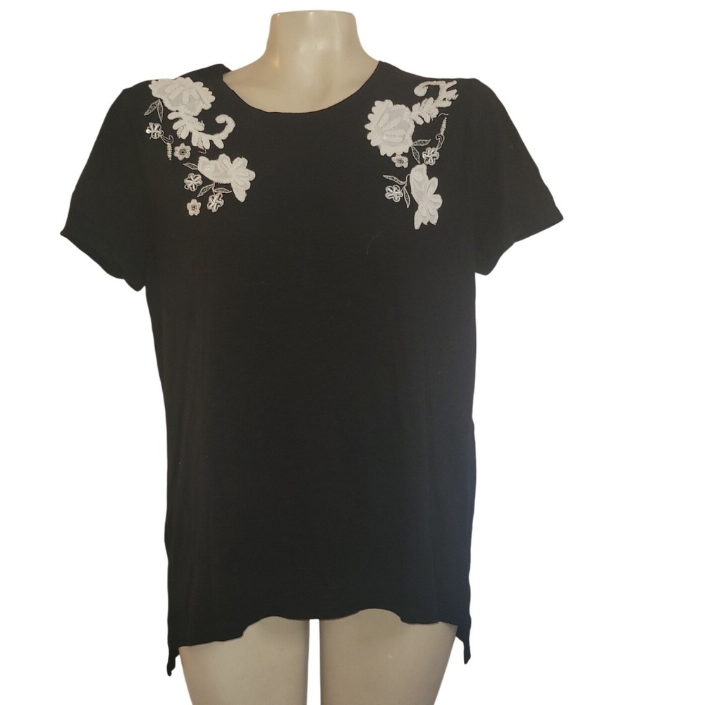 Chicos Black Floral‎ Embroidered Sequin Short Sleeve Knit Top Size 1 M 570221311